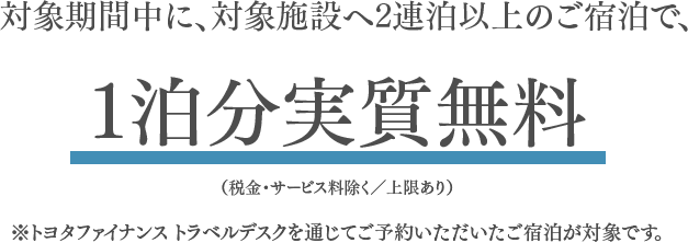 対象期間中に、対象施設へ2連泊以上のご宿泊で、1泊分実質無料（税金・サービス料除く／上限あり）